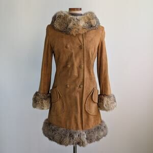 Vintage Brown Suede Fur Trim Penny Lane Jacket Furry Leather Trench Coat Medium